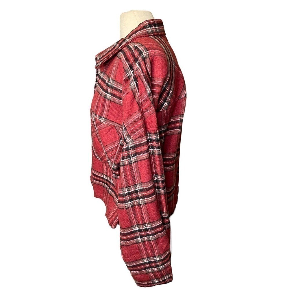 CiSono NEW Cropped Flannel Plaid Shirt Brick Red Women’s XL Grunge Casual - Picture 3 of 9